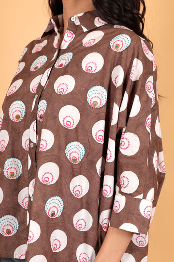 Chaand bindi brown hand block printed cotton kaftan shirt
