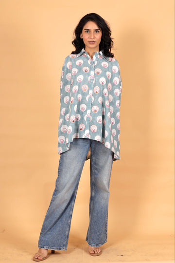 Chaand bindi grey hand block printed cotton kaftan shirt