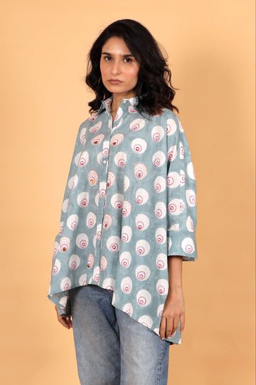 Chaand bindi grey hand block printed cotton kaftan shirt