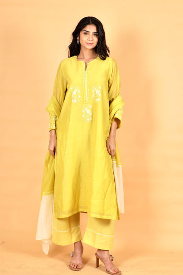 Mumtaz lime yellow applique hand embroidered chanderi kurta set