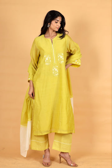 Mumtaz lime yellow applique hand embroidered chanderi kurta set