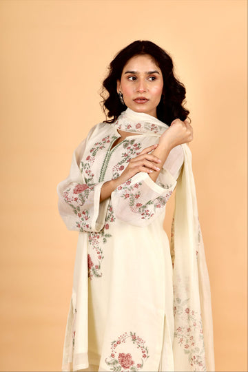 Sitara milky white hand block printed chanderi short kurta set