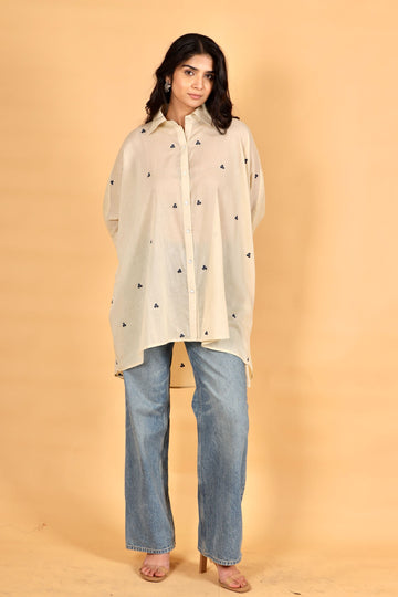Berry ivory hand thread embrodered cotton kaftan shirt