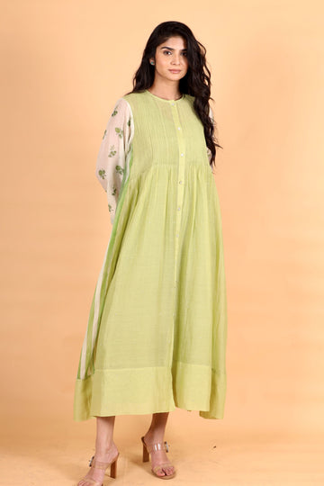 Scarlet lime green hand block printed and hand bead pintuck dress