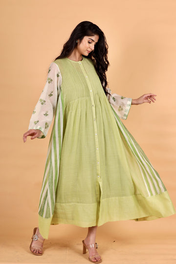 Scarlet lime green hand block printed and hand bead pintuck dress