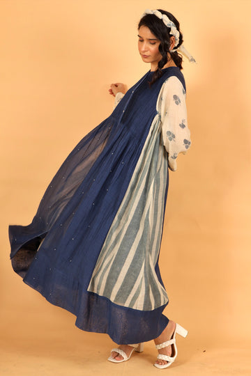 Scarlet indigo hand block printed and hand bead pintuck dress