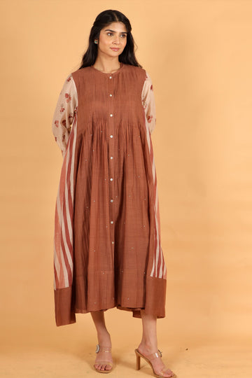Scarlet brown hand block printed and hand bead pintuck dress
