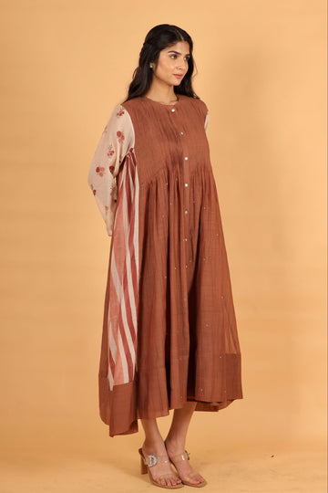Scarlet brown hand block printed and hand bead pintuck dress