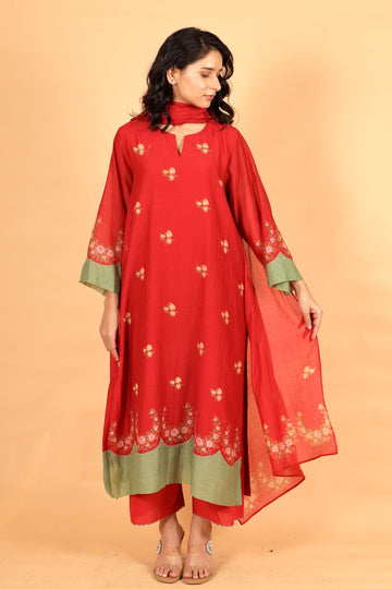 Elara red hand block printed chanderi kurta set