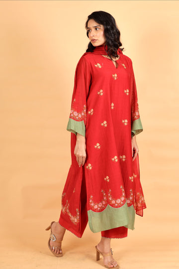 Elara red hand block printed chanderi kurta set