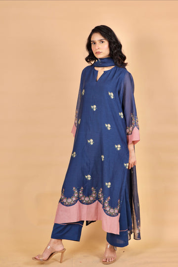 Elara indigo hand block printed chanderi kurta set