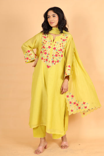 Mumtaz lime yellow hand applique and jaal work mul chanderi kurta set