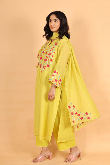 Mumtaz lime yellow hand applique and jaal work mul chanderi kurta set