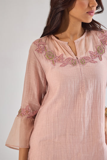 Rose rose pink embroided chanderi organza kurta set (set of 3)