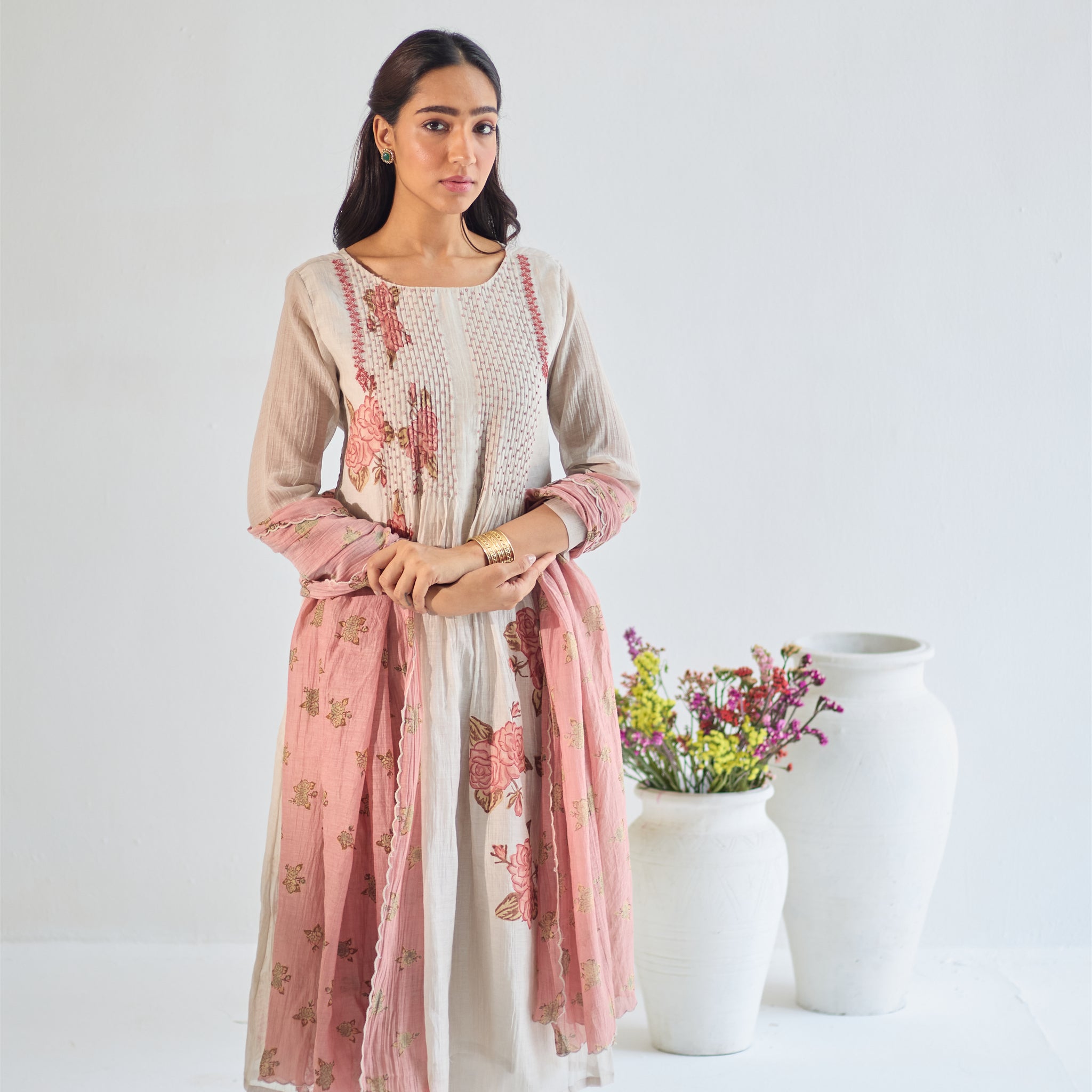 Rose grey peach hand block printed chanderi pintuck kurta set (set of 3)