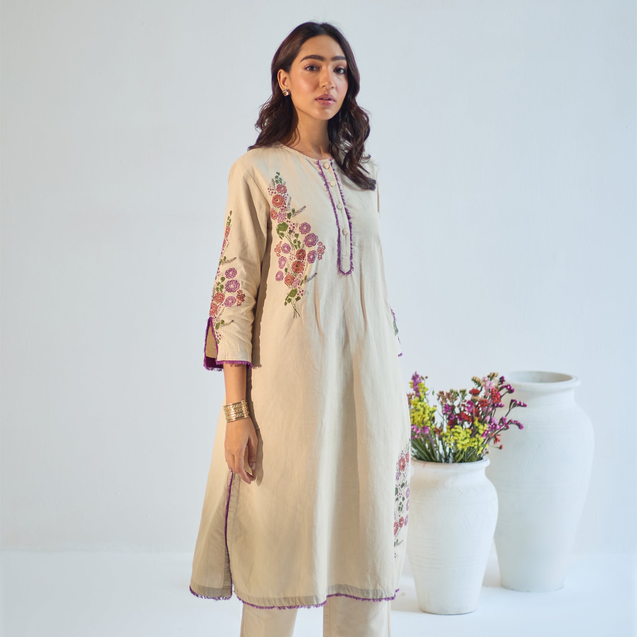 Gulaab sand plum hand block printed linen kurta set (set of 2)