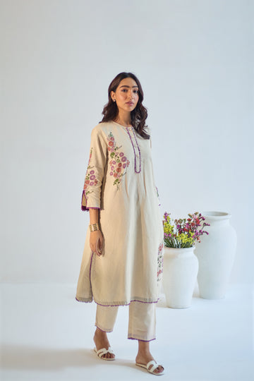 Gulaab sand plum hand block printed linen kurta set (set of 2)