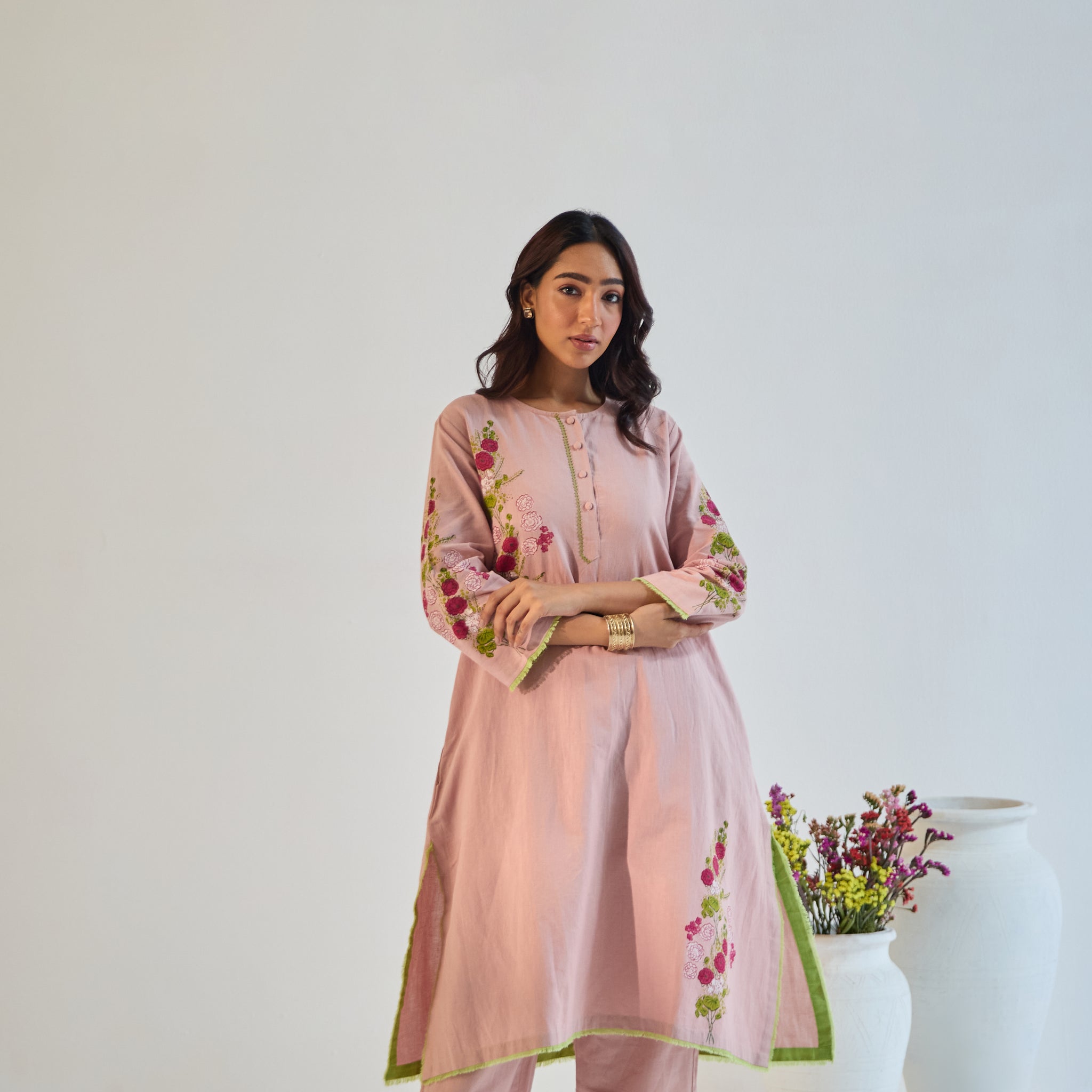 Gulaab rose pink hand block printed linen kurta set (set of 2)