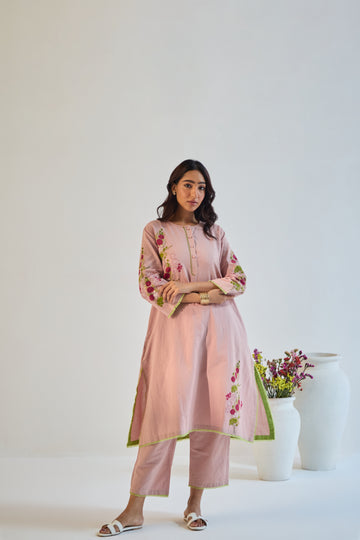 Gulaab rose pink hand block printed linen kurta set (set of 2)