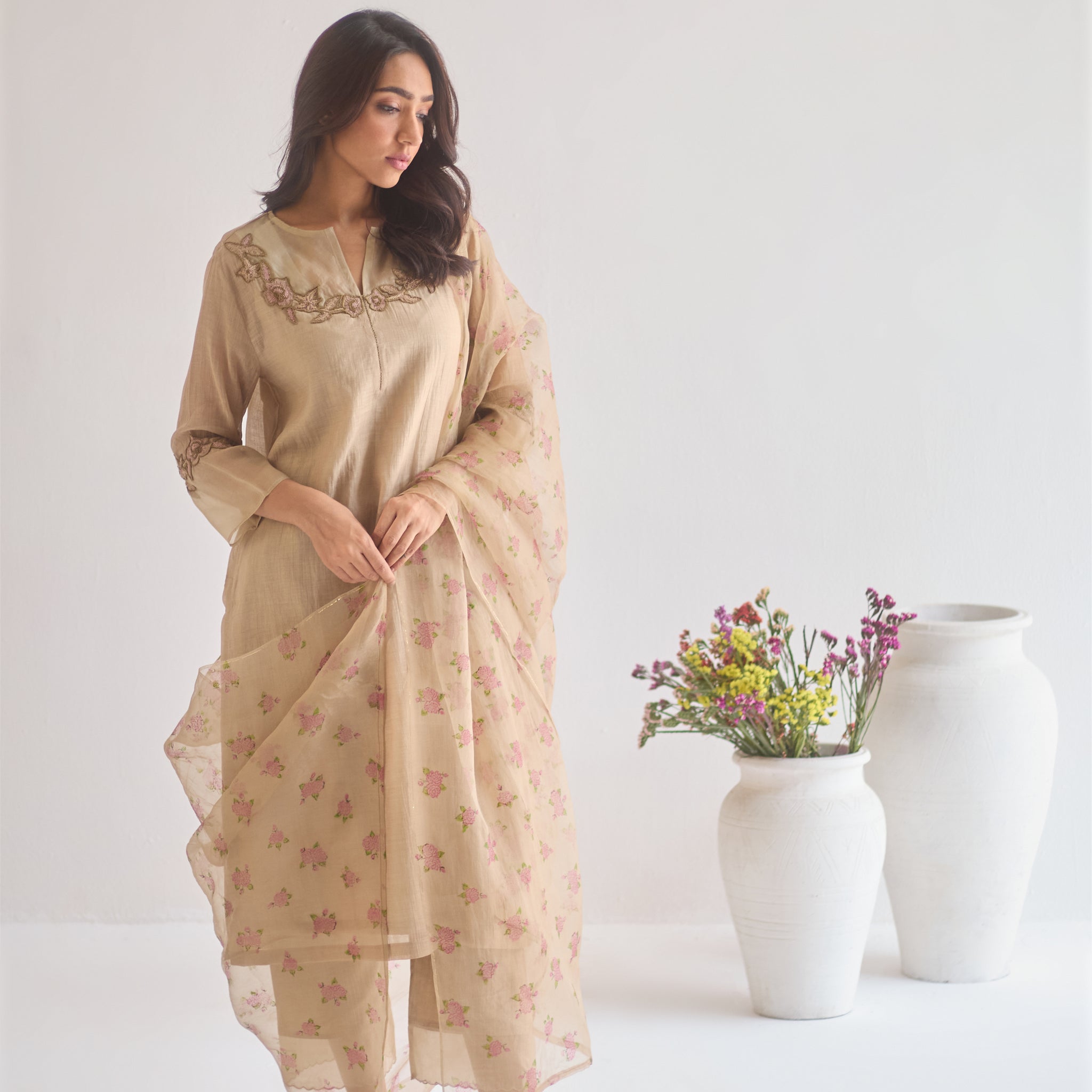 Rose beige embroided chanderi organza kurta set (set of 3)