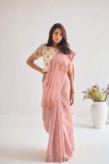 Tapsee peach brown hand block printed chanderi saree