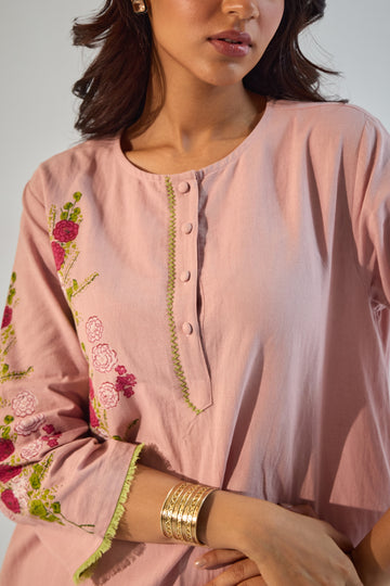 Gulaab rose pink hand block printed linen kurta set (set of 2)