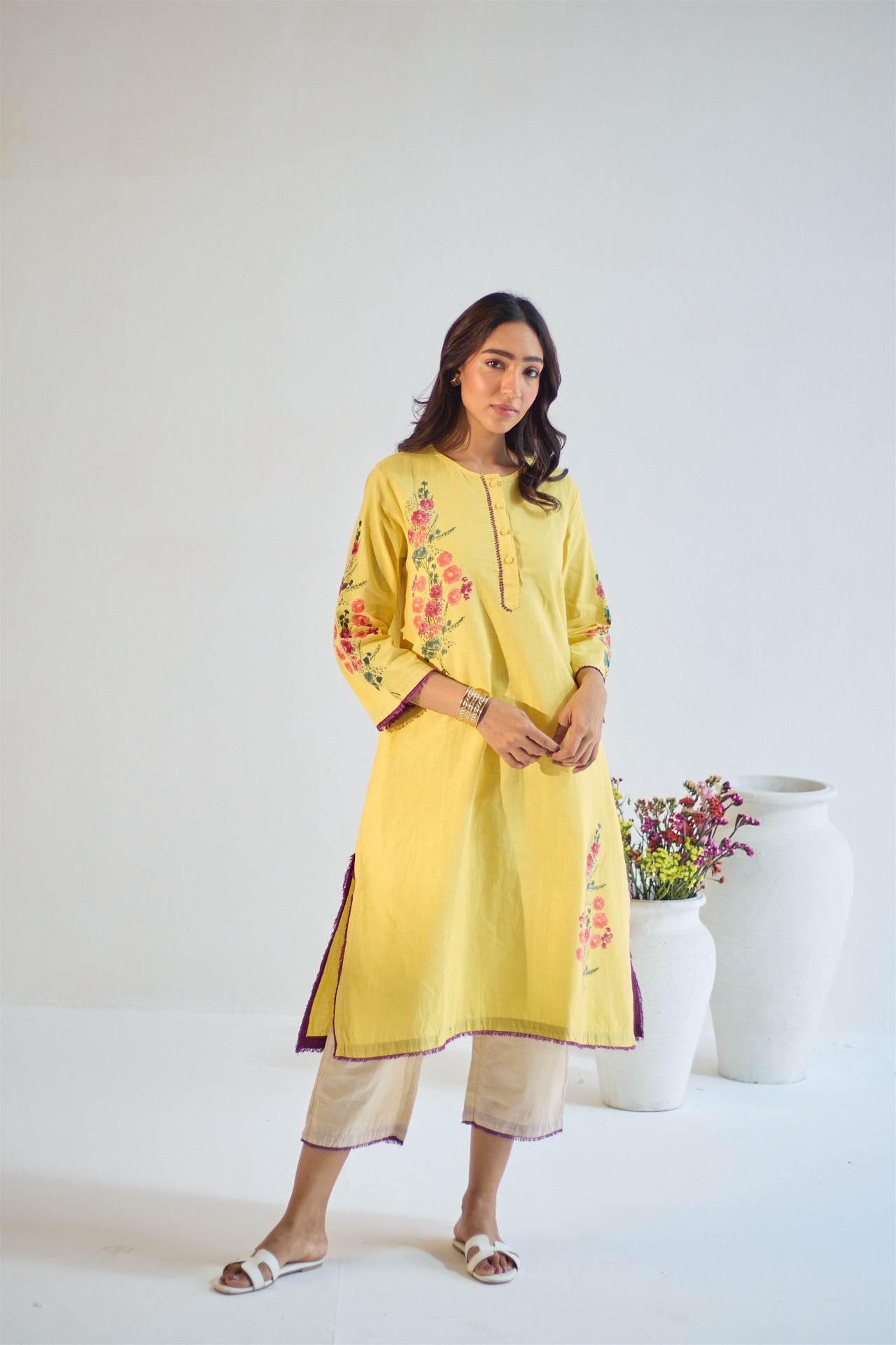 Gulaab yellow hand block printed linen kurta set (set of 2)