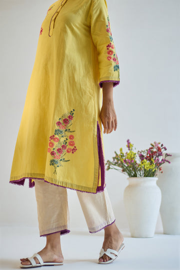 Gulaab yellow hand block printed linen kurta set (set of 2)