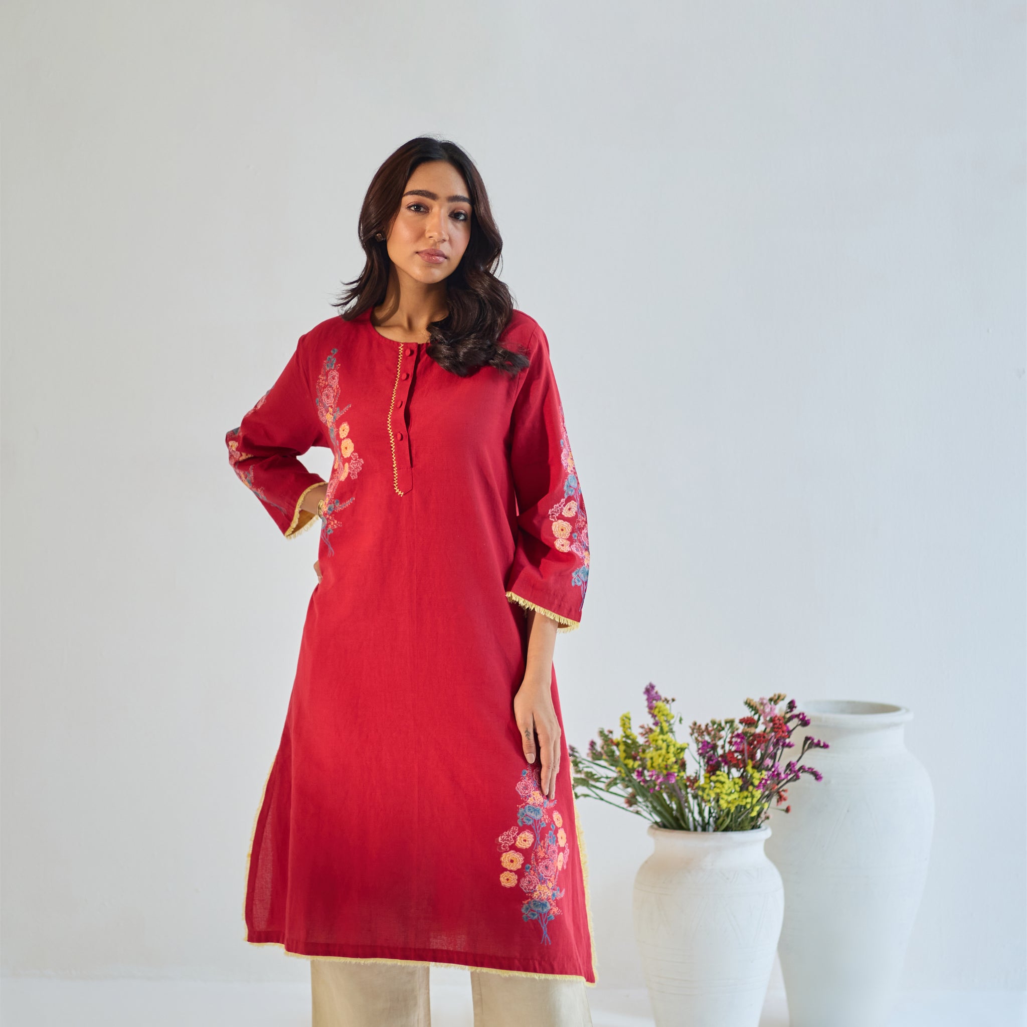 Gulaab red hand block printed linen kurta set (set of 2)