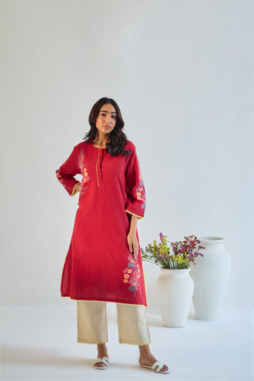 Gulaab red hand block printed linen kurta set (set of 2)