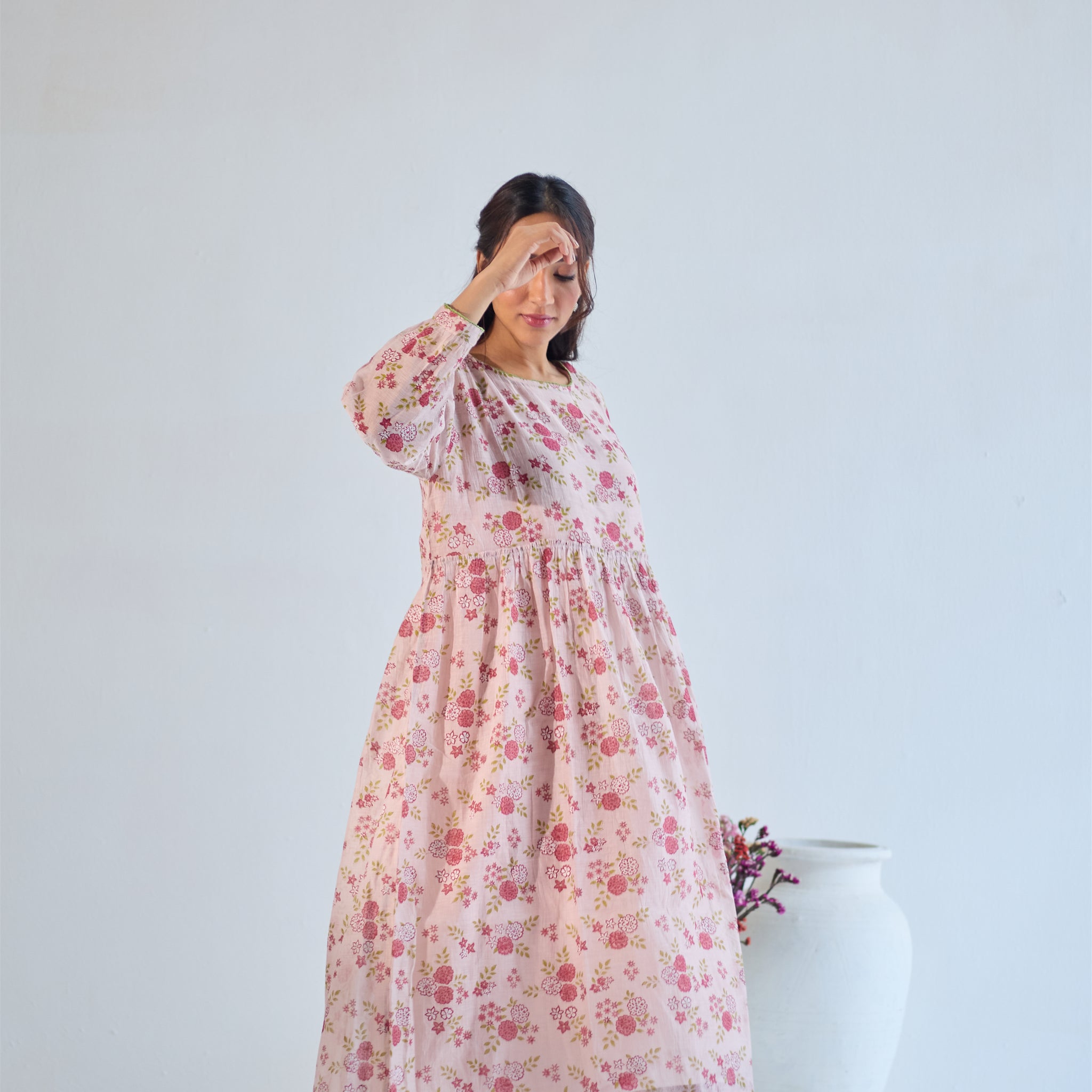 Gulaab rose pink hand block printed chanderi dress