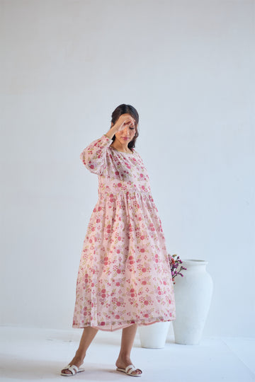 Gulaab rose pink hand block printed chanderi dress