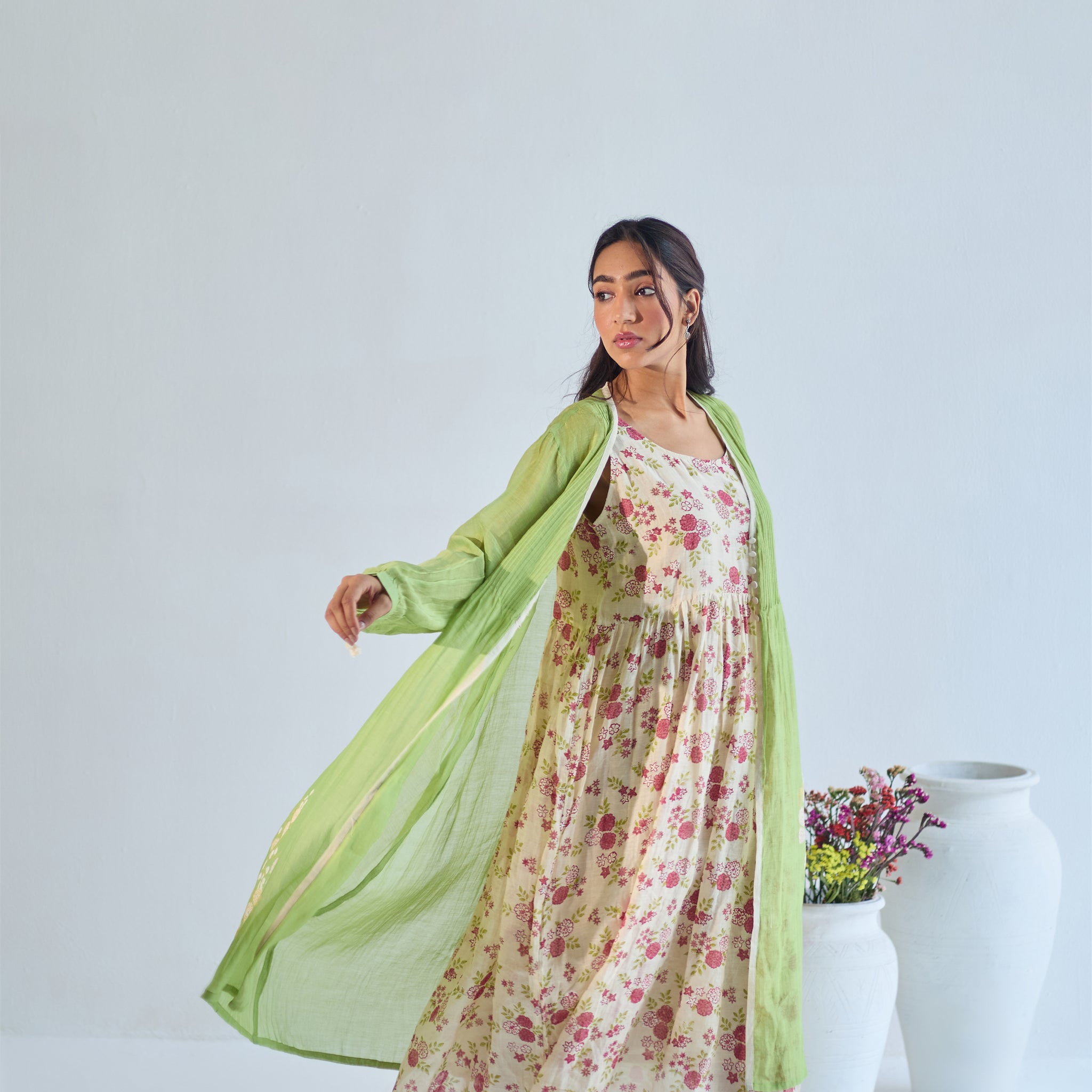 Gulaab green ivory hand block printed overlay chanderi dress