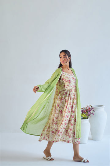 Gulaab green ivory hand block printed overlay chanderi dress