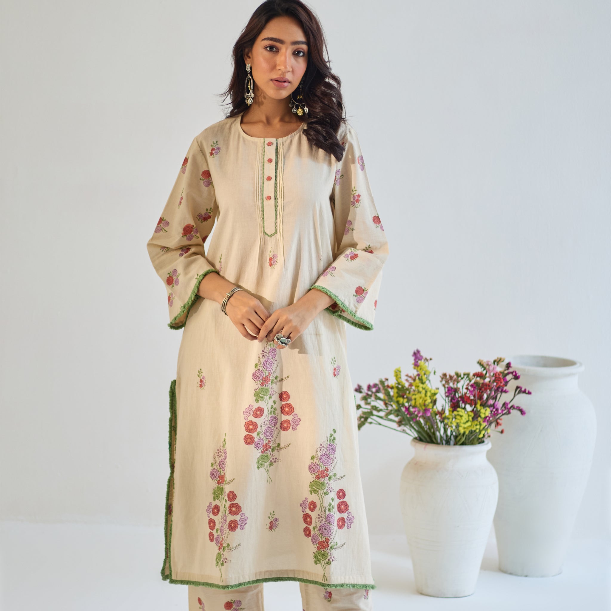 Gulaab beige green hand block printed cotton kurta set (set of 2)