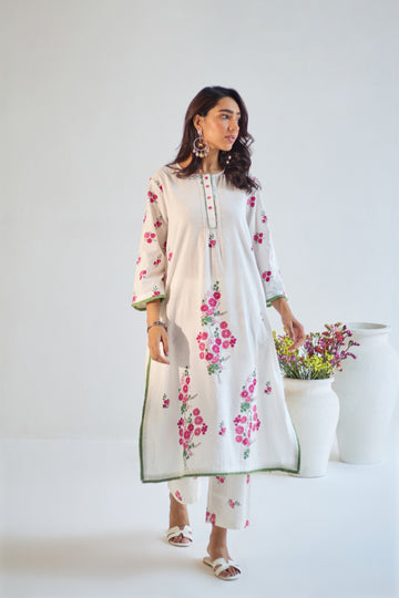 Gulaab white pink hand block printed cotton kurta set (set of 2)