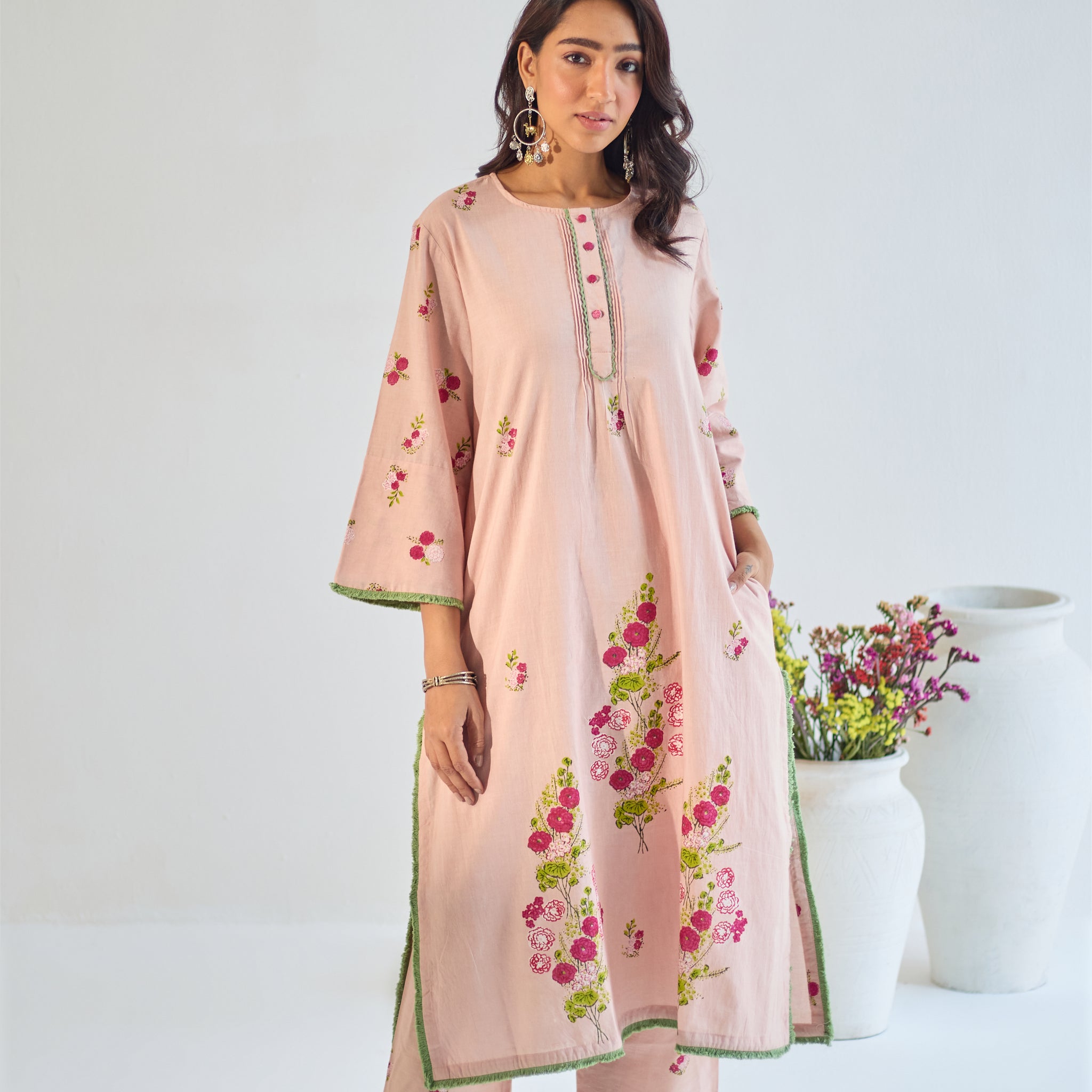 Gulaab rose pink hand block printed cotton kurta set (set of 2)