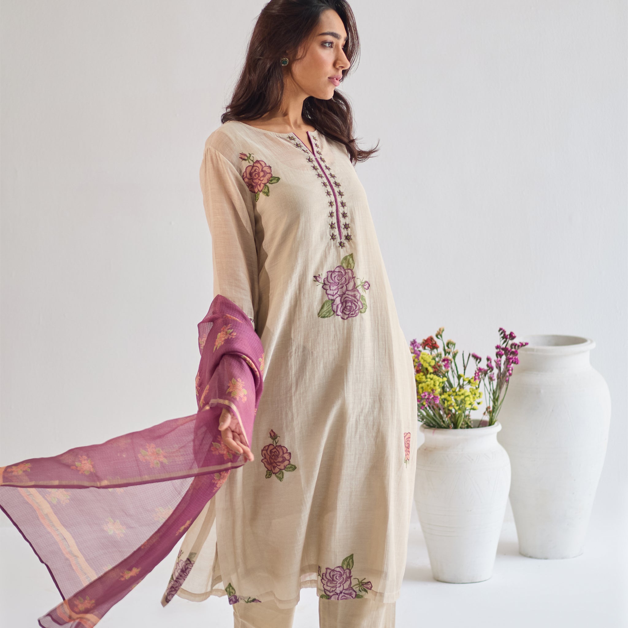 Rose beige plum hand block printed chanderi kurta set (set of 3)