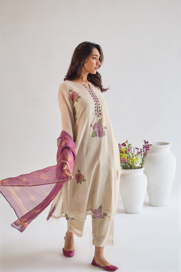 Rose beige plum hand block printed chanderi kurta set (set of 3)