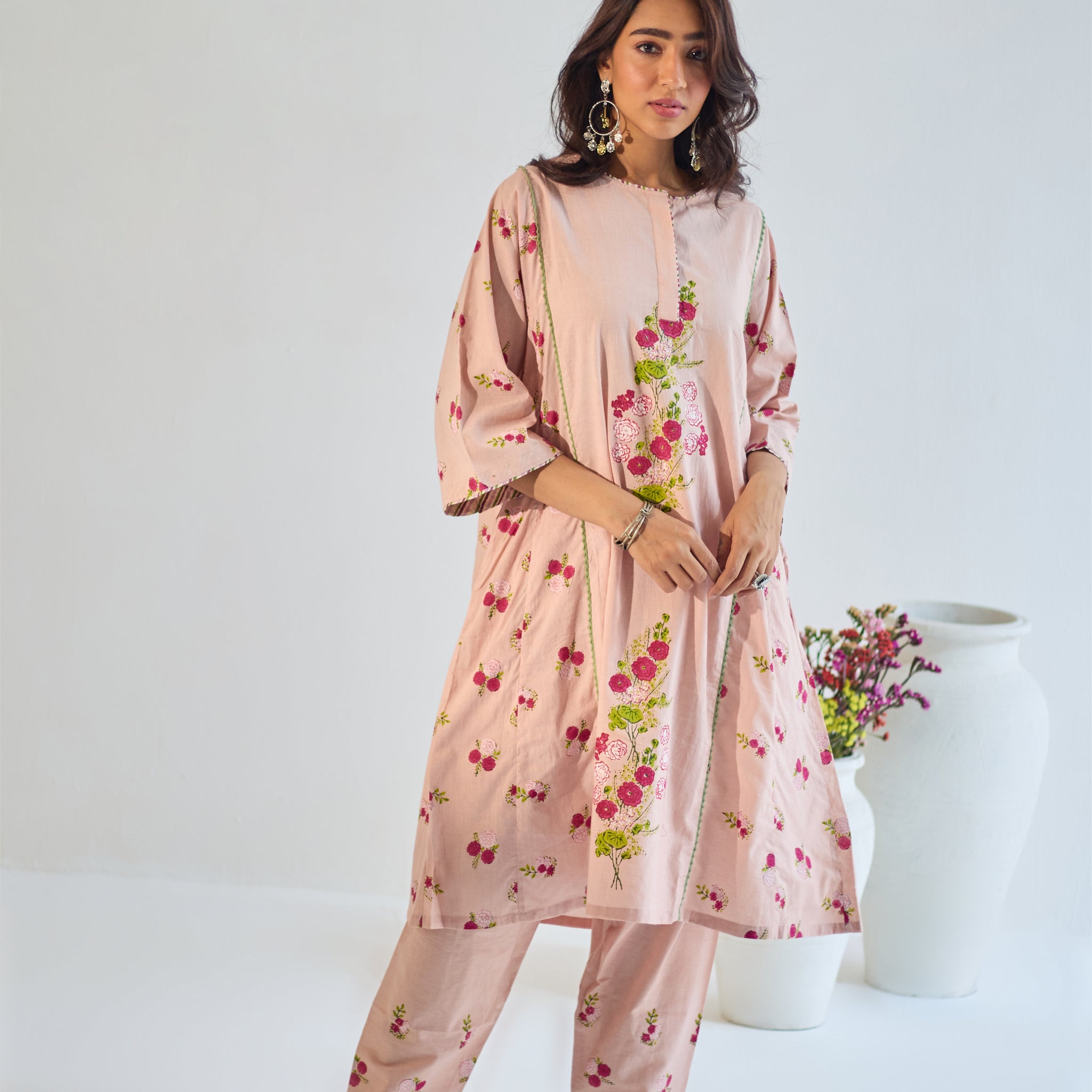 Gulaab rose pink hand block printed cotton choga set (set of 2)