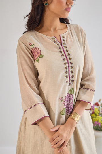 Rose beige plum hand block printed chanderi kurta set (set of 3)