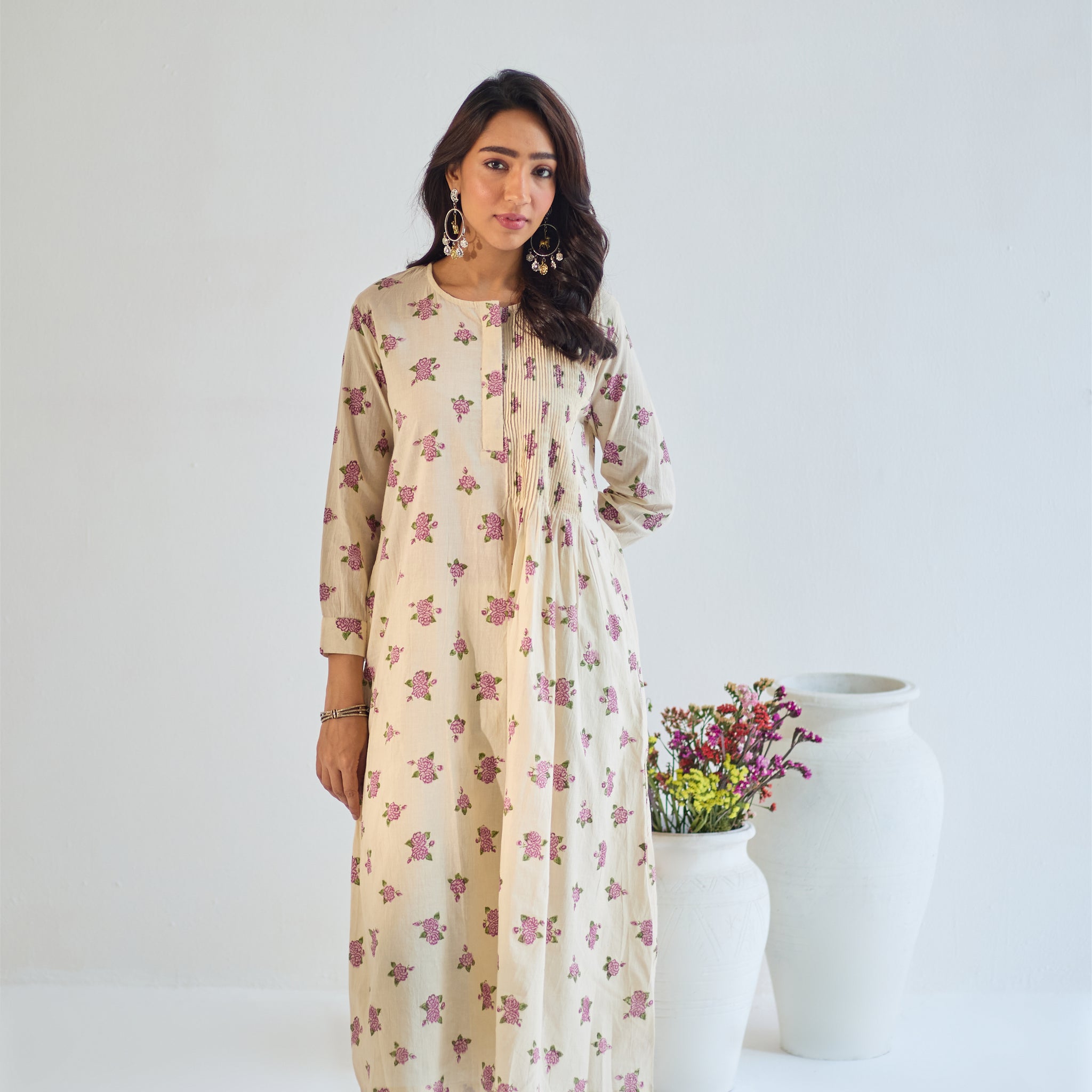 Gulaab ivory plum hand block printed pintuck cotton kurta set (set of 2)