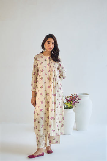 Gulaab ivory plum hand block printed pintuck cotton kurta set (set of 2)