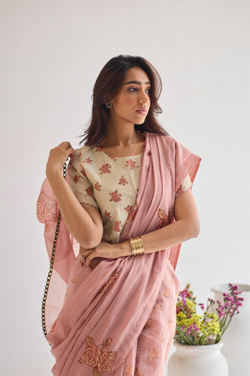 Tapsee peach brown hand block printed chanderi saree