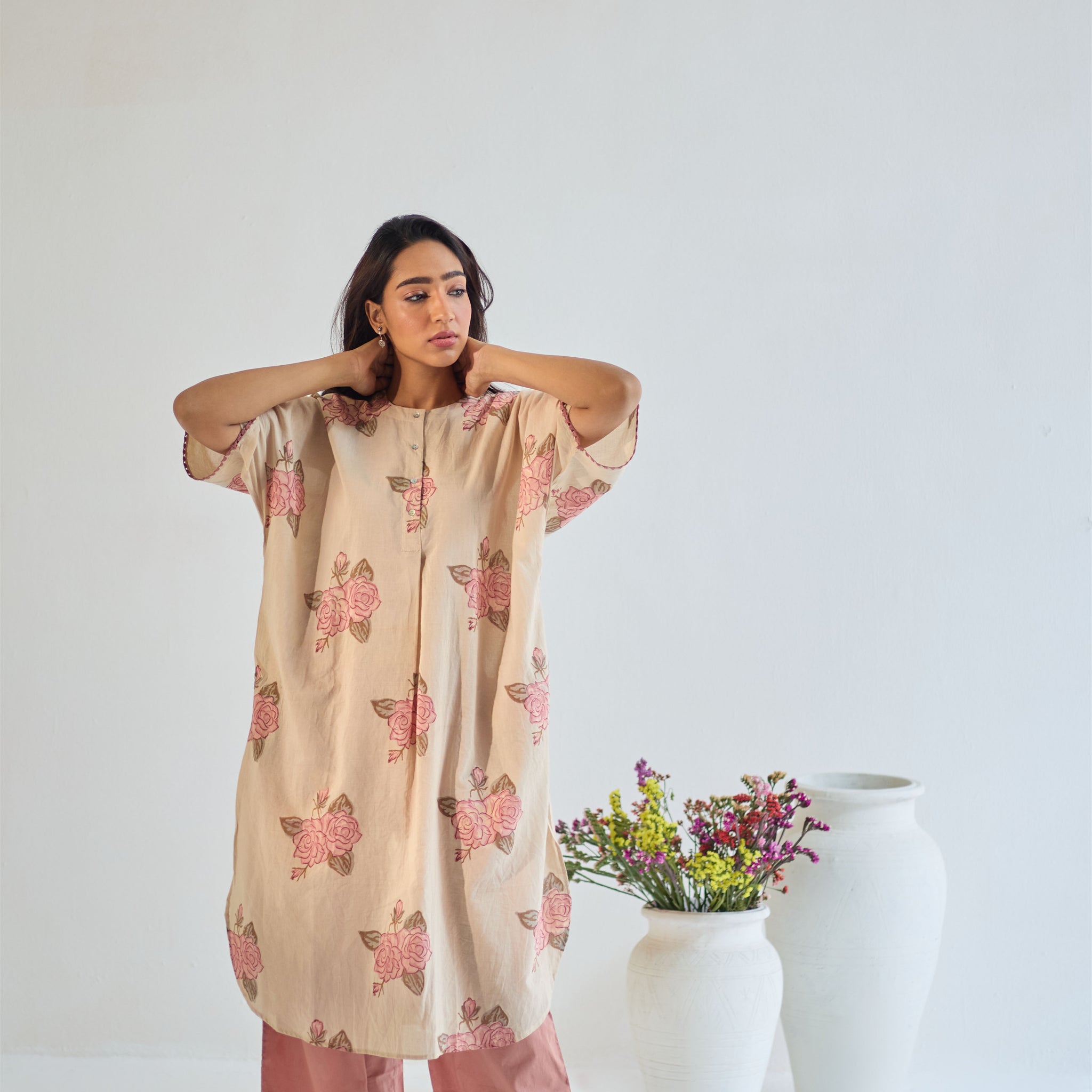 Rose boota beige pink hand block printed cotton kaftan