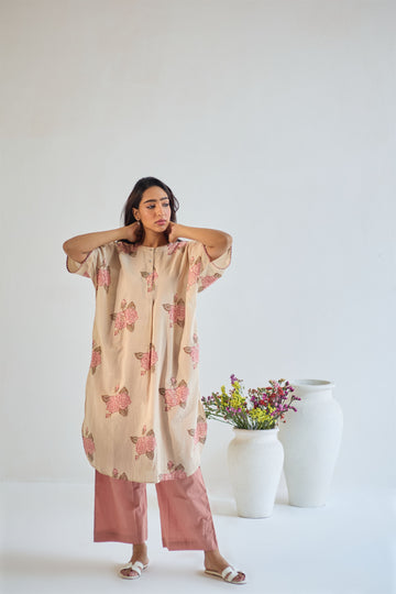 Rose boota beige pink hand block printed cotton kaftan