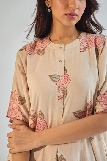 Rose boota beige pink hand block printed cotton kaftan