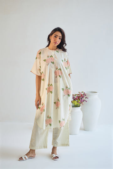 Rose boota ivory pink hand block printed cotton kaftan