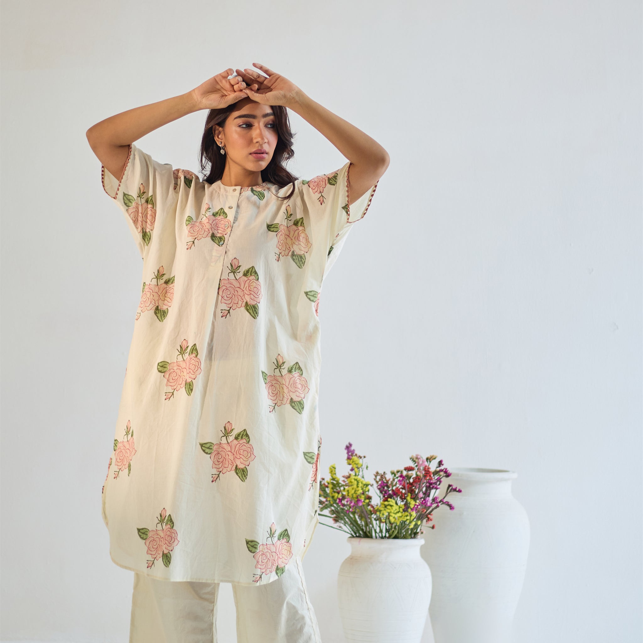 Rose boota ivory pink hand block printed cotton kaftan