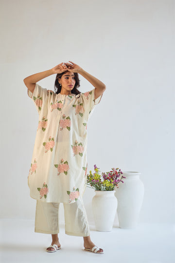 Rose boota ivory pink hand block printed cotton kaftan